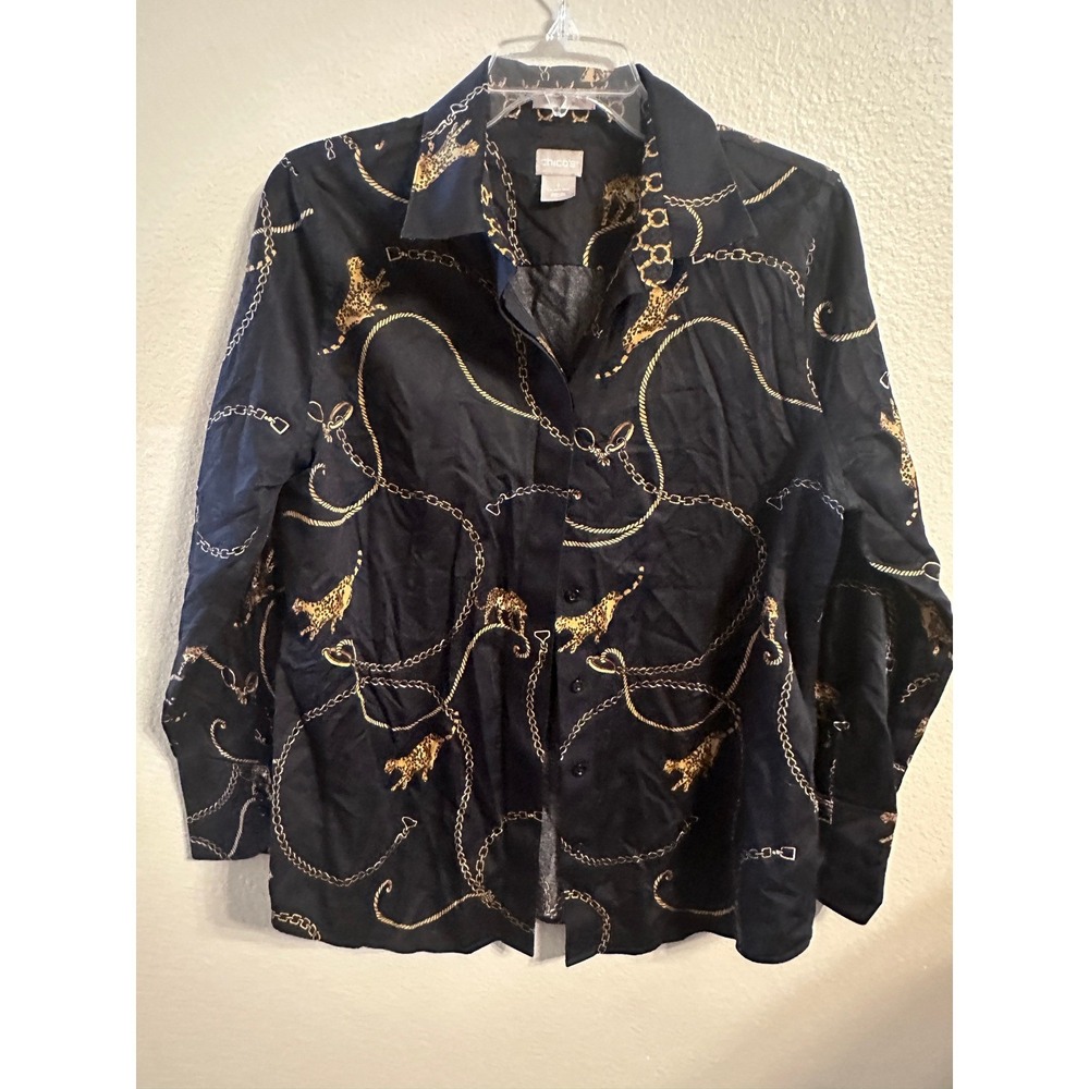 Chico's Black & Gold‎ Leopard Chain Print Button Down Blouse Top Size 1 (8/10)